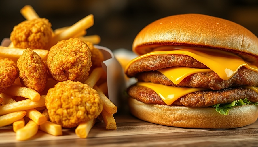 Close-up of HFSS ultra-processed fast food including fries and nuggets.