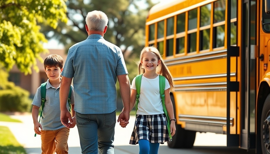 Father with children heading to school bus, sunny schoolyard.