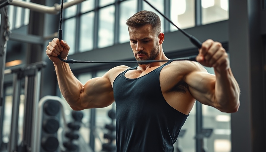 Muscular man demonstrating cable triceps extension workout at gym.