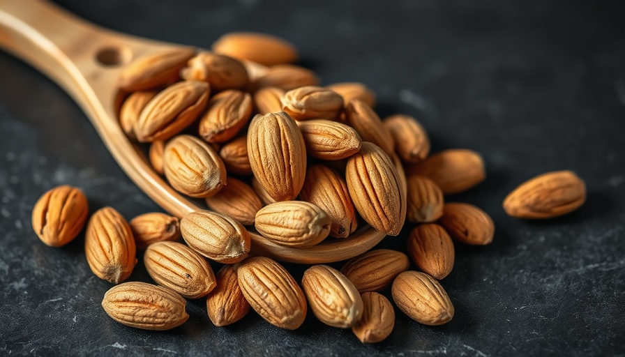 Close-up of almonds in a wooden spoon on a dark surface, related to eating over 60g of almonds a day.