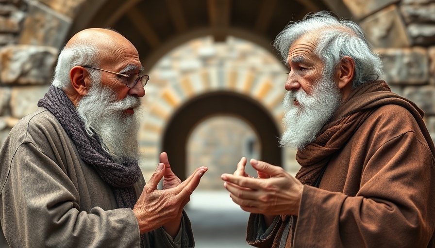 Elderly philosophers discussing the art of self-persuasion.