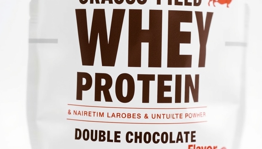 Grass-fed whey protein powder package with cow image.