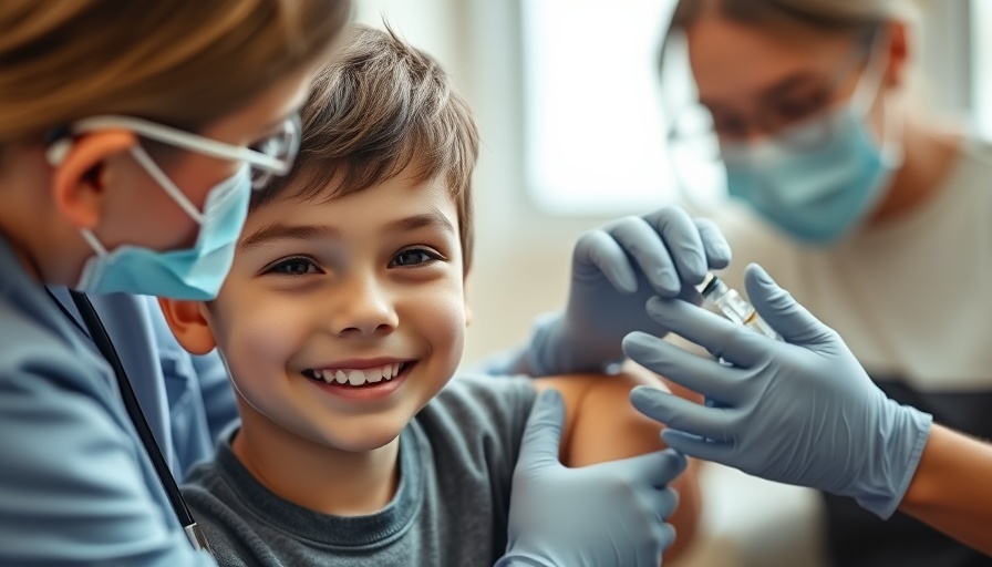 Confident young boy receiving COVID vaccine from healthcare professional.