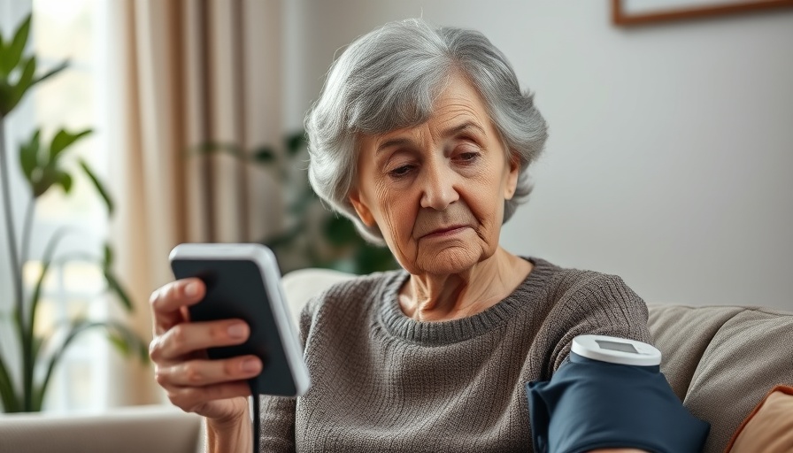 Elderly woman checking blood pressure at home, related to COVID-19 and vascular aging.