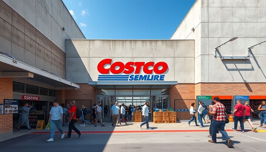 Busy Costco entrance with shoppers and bright daylight.