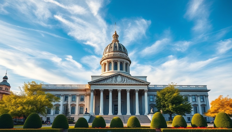 Neoclassical building surrounded by greenery under blue sky