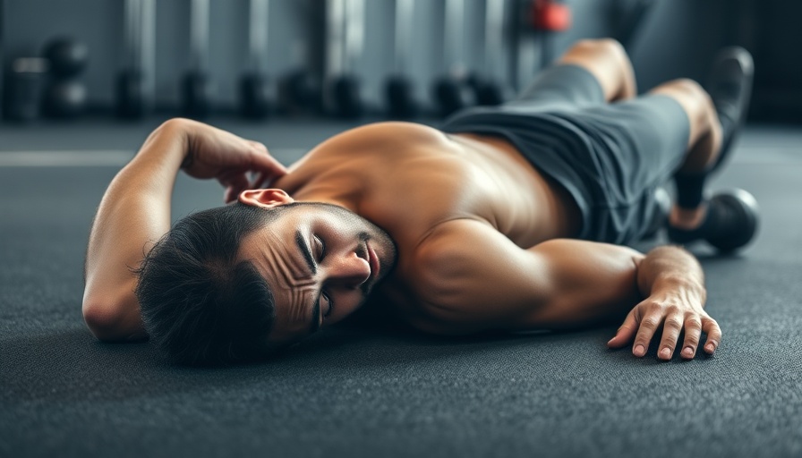 Muscular man resting on gym floor emphasizing rest days for muscle building.