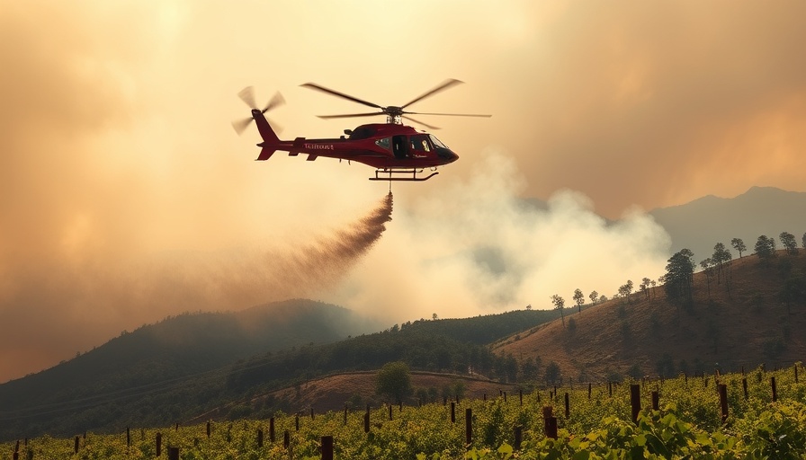 Helicopter battling California wildfire, vineyards foreground.
