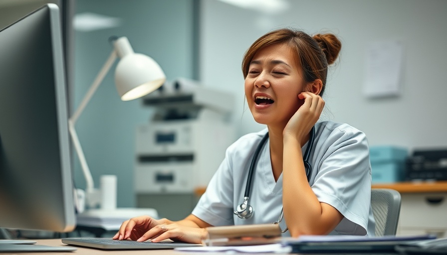 Shift work effects on diet and sleep: exhausted nurse yawning at desk.