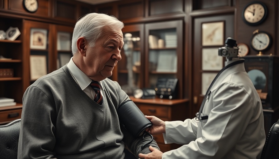 Older man getting blood pressure checked in a vintage clinic setting.
