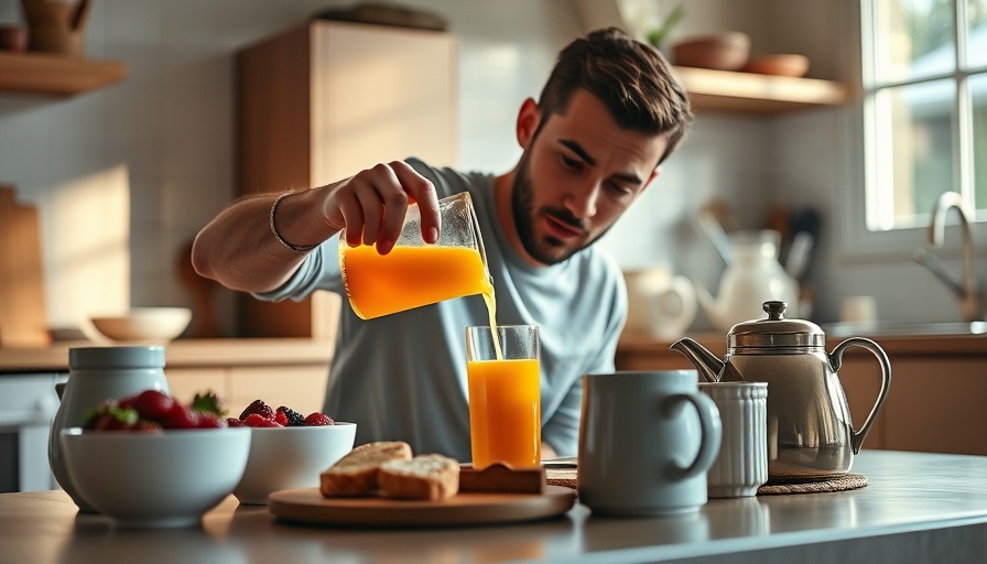 Breakfast setup highlighting men's nutrition, orange juice and fruits.