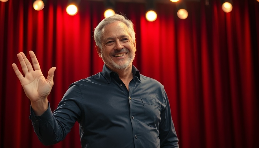 Confident man on stage practicing stress relief techniques for men.