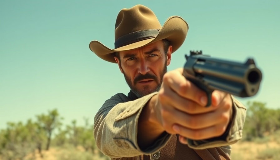 Cowboy aiming revolver with a determined look, representing mens personal growth.