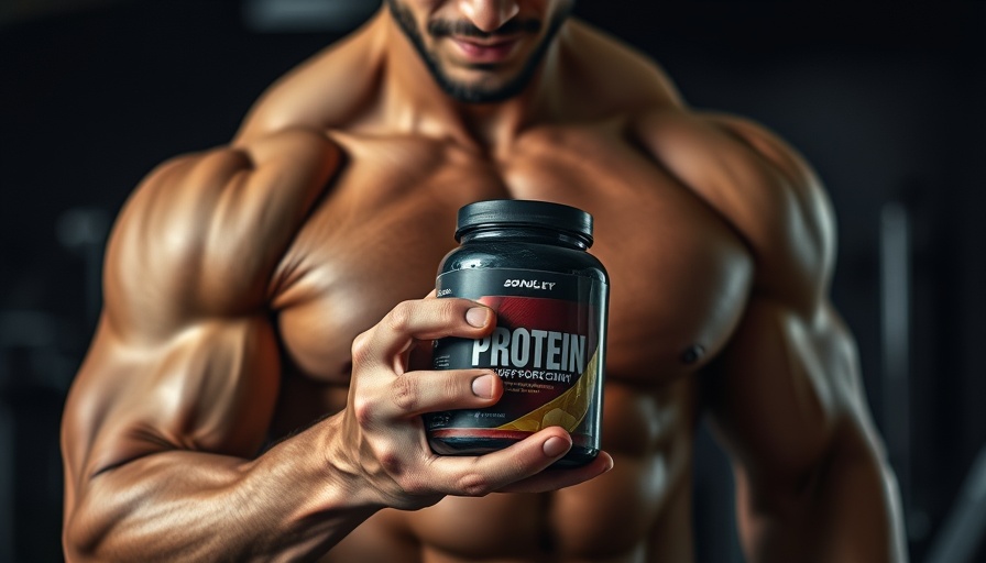 Muscular man with protein supplements in a gym setting, high-protein foods.