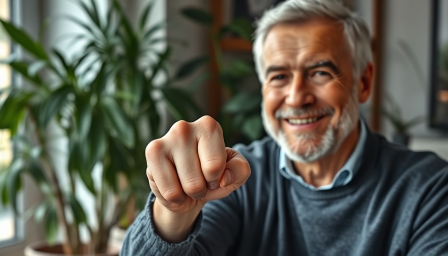 Older man happily showing his class ring indoors.