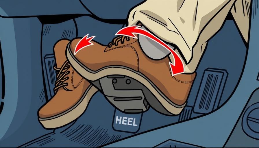 Illustration of heel-toe shifting technique with shoes and car pedals.