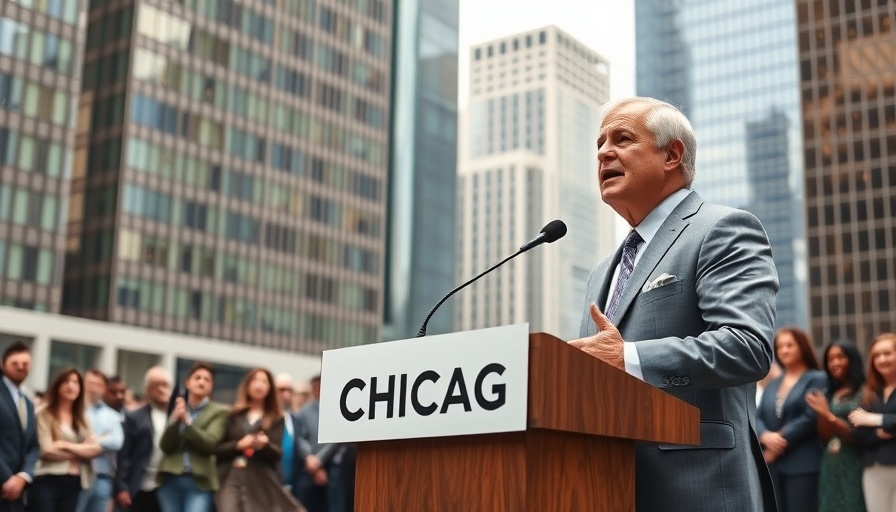 Man addressing crowd on Chicago immigration enforcement at outdoor event.