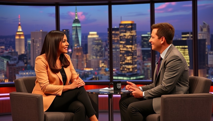 Conversational talk show focusing on caffeine's impact, cityscape background