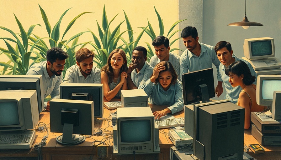 Retro vintage style computer scene with diverse individuals, Microsoft 6502 BASIC open source.