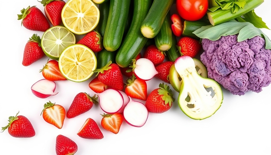 Colorful fruits and vegetables arranged on a white background.