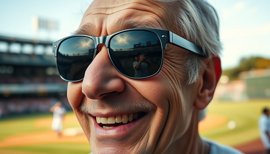 Joyful man with sunglasses reflecting baseball scene, highlighting baseball legacy.