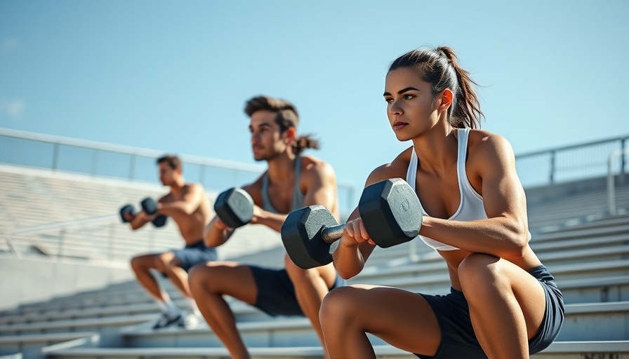 Outdoor 15-minute dumbbell EMOM workout on stadium steps.