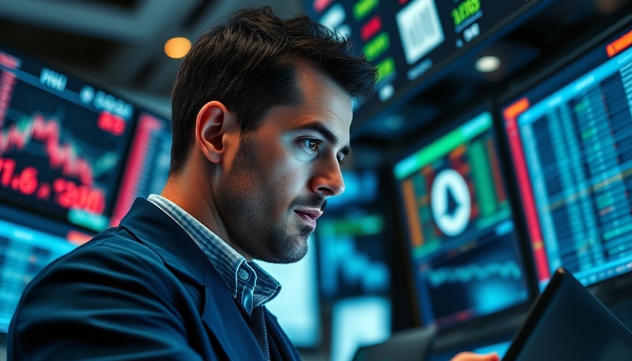 Trader analyzes stock data on multiple screens in market setting.
