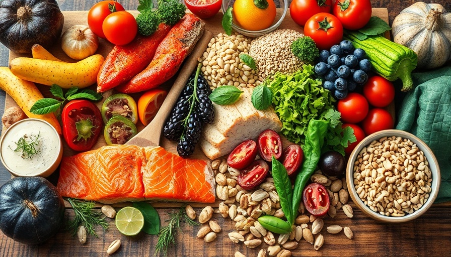 Mediterranean diet foods for gum health on a wooden table.
