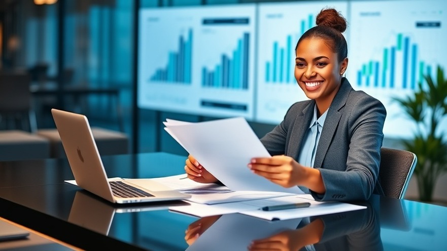 A confident professional reviews business funding documents and a laptop, symbolizing financial growth.