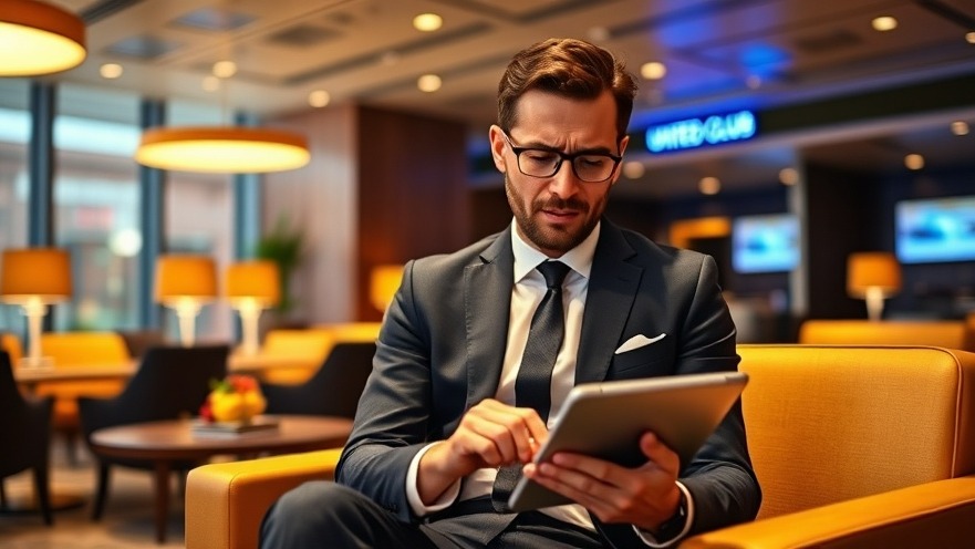 Business traveler reviews expenses in a United Club Lounge, highlighting business travel strategies.