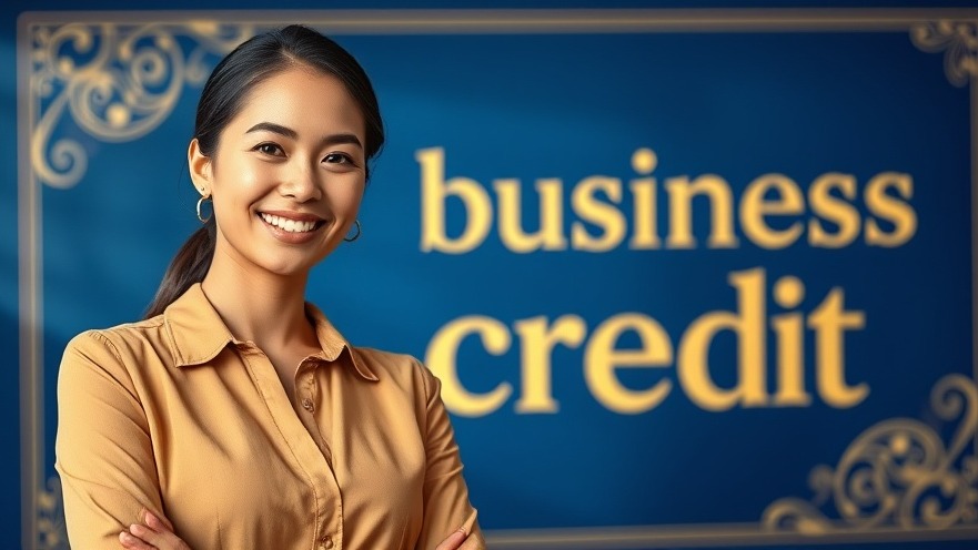 Confident woman presenting business credit strategies with blue and gold design.