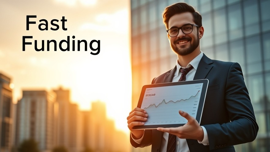 Confident business owner showcases business credit insights on a tablet with a city skyline.