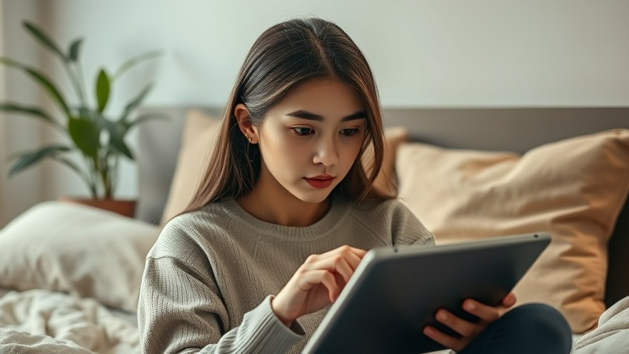 Young woman designing Etsy digital products on a tablet in a cozy bedroom.