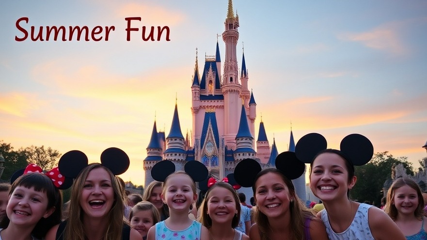 Summer travel discounts at Disney: joyful families at sunset near Cinderella Castle.
