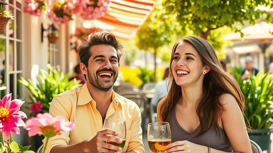 Cheerful couple at a café, enjoying travel bonus points through credit card rewards.