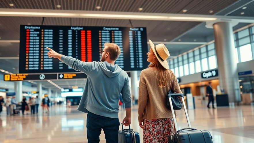Couple at airport tracking Memorial Day travel patterns; vibrant, efficient trip planning.