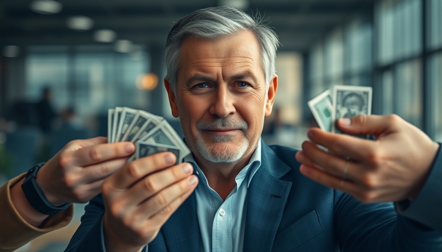 Middle-aged man with determined expression surrounded by hands offering money, business credit.