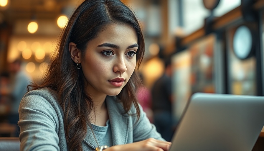 Woman using laptop for online shopping with coffee cup in a cafe.