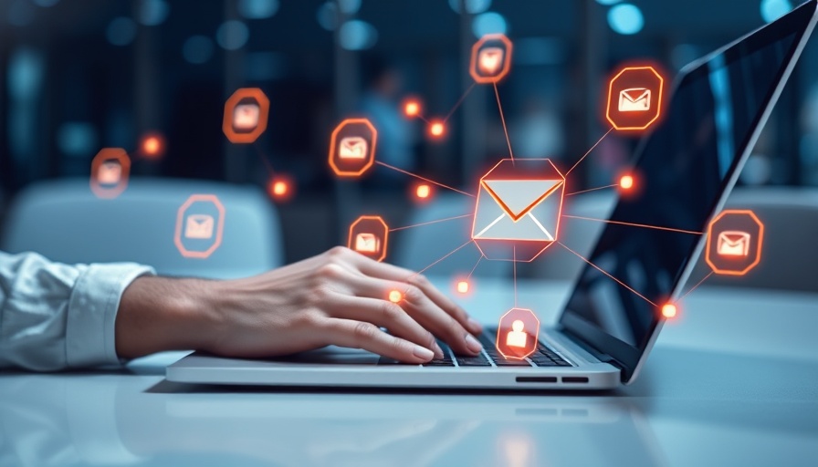 Futuristic email networking interface with connected nodes over a laptop, illustrating communication and referral email templates.