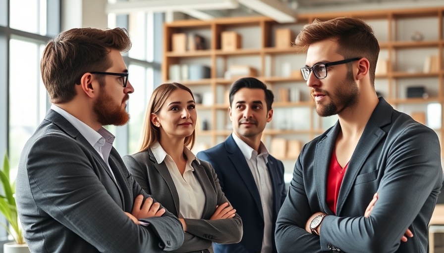 Employees in a meeting discussing performance in a bright office.