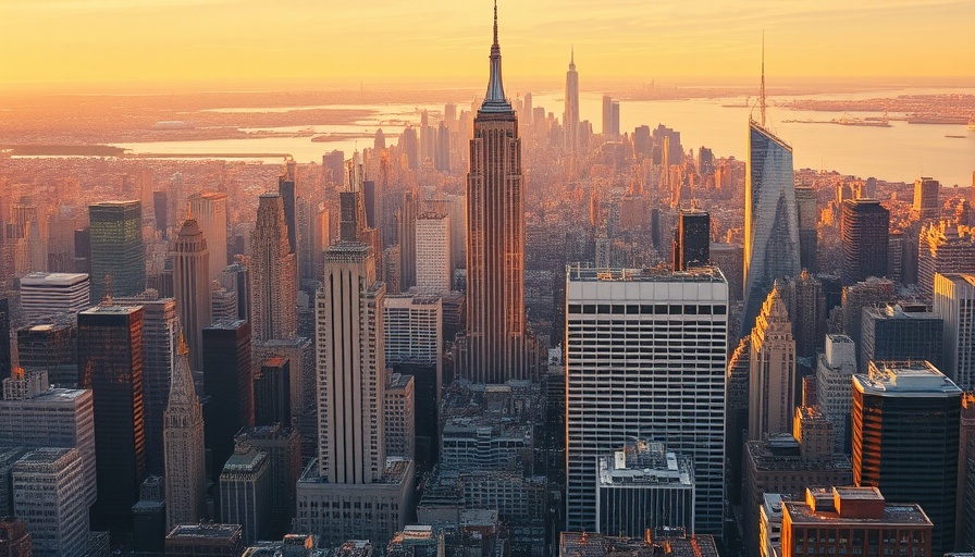 NYC skyline view, Empire State Building at sunset, digital nomad remote work setting.