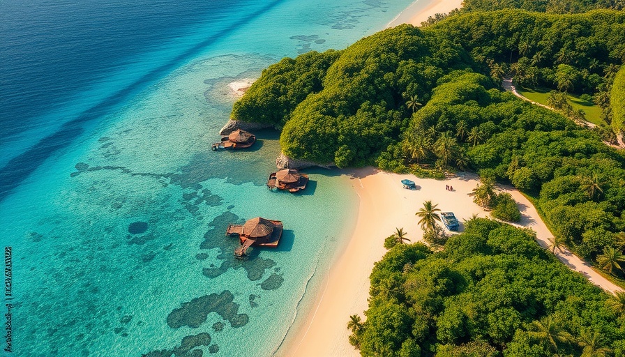 Aerial view of Bali coastline eco-resort with turquoise waters.