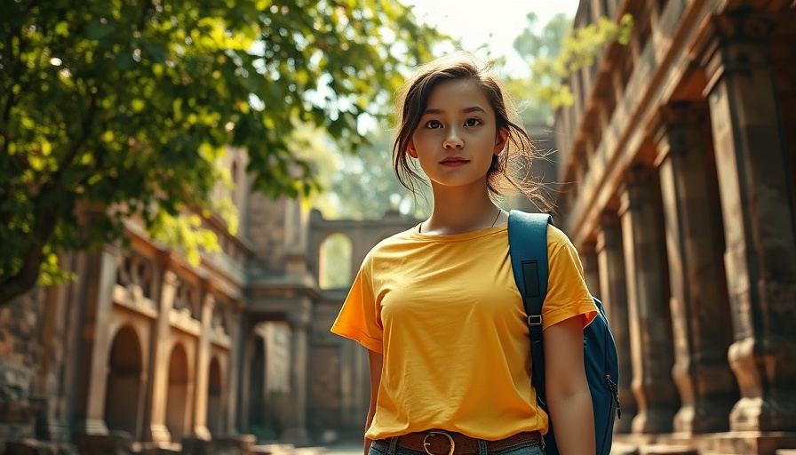 Young female traveler explores ancient ruins, 2025 Summer Travel Trends.