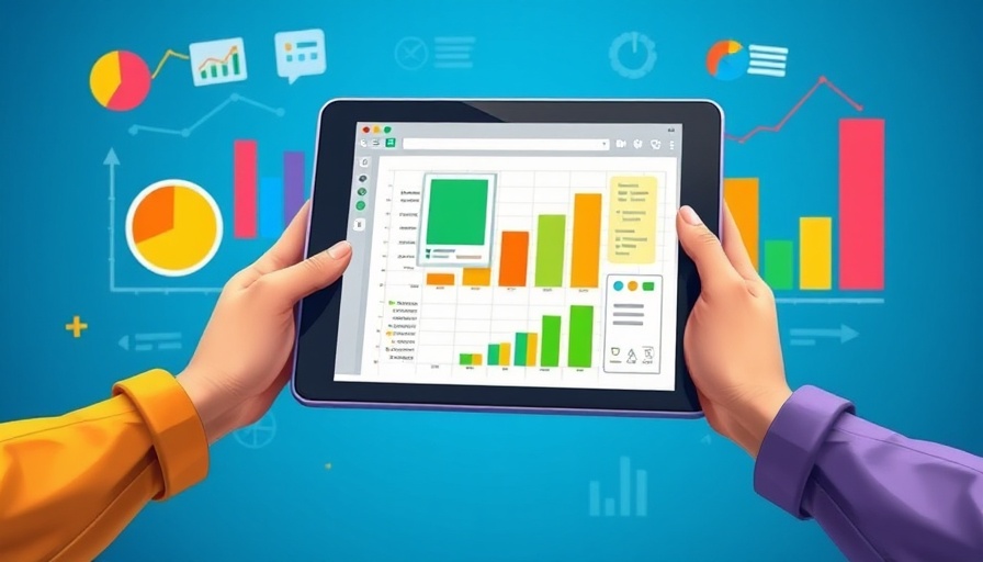 Cartoon hands holding Excel tablet with graphs for Free Excel Test for Interviewing Candidates.