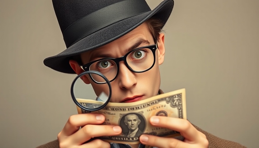 Young man detecting counterfeit money using a magnifying glass.