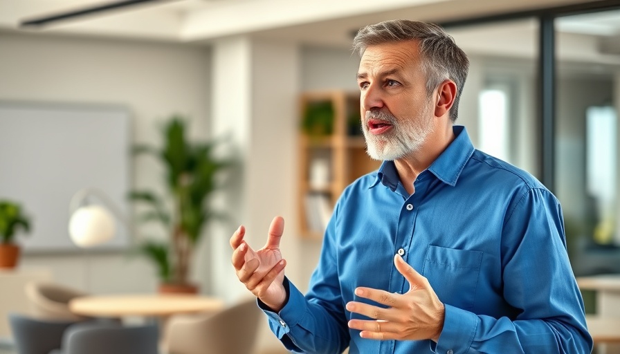 Middle-aged man discussing business credit energetically in office.