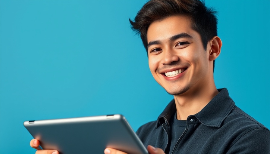 Confident young man with tablet discussing business credit in a studio.