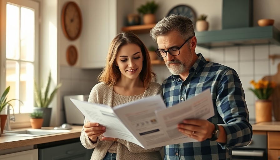 Couple reviewing finances in warm, cozy kitchen.