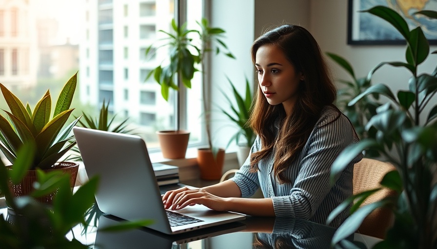 Booking Short-Term Stays for Digital Nomads: Woman working by window with city view.