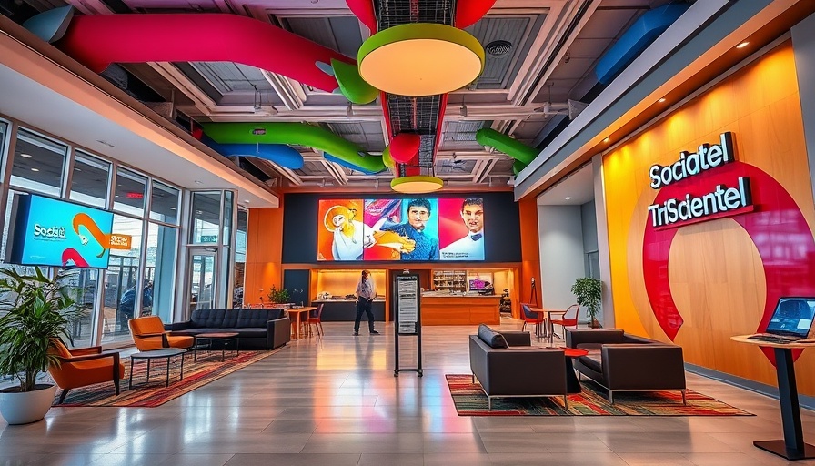 Modern Socialtel lobby with vibrant decor and digital screens